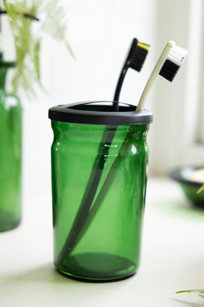 Apothecary-Style Green Glass Toothbrush Holder - Image 3