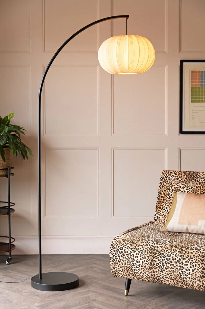Black Arch Floor Lamp with Neutral Pleated Fabric Lampshade