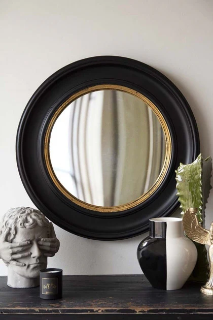 Black Convex Mirror With Aged Gold Detail
