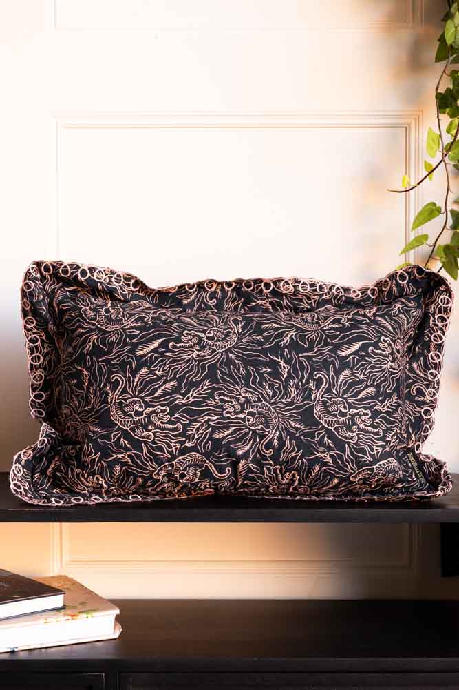 Black & Pink Tiger Cushion With Pretty Scalloped Edge - Cover