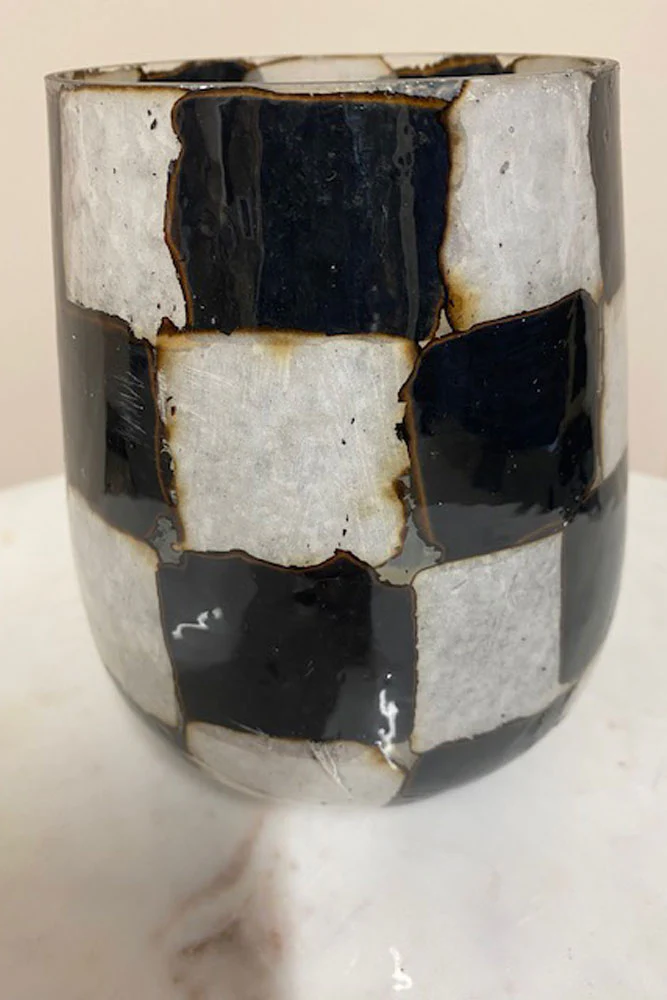 Checkered Black & White Glass Tealight Holder - SECONDS - Image 3