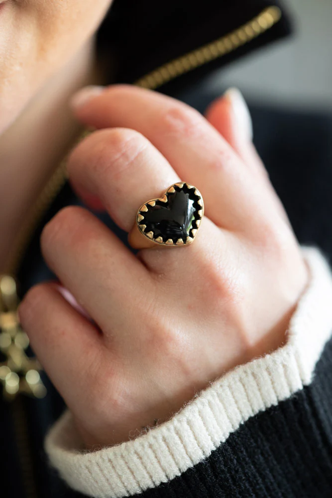 Chunky Gold & Black Heart Ring - Available In Two Sizes - Image 2