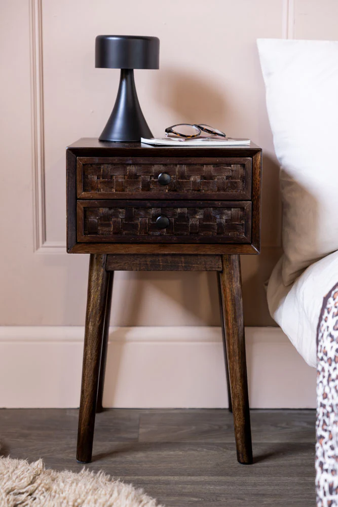 Dark Wood Basket Weave 2-Drawer Bedside Table - Image 2