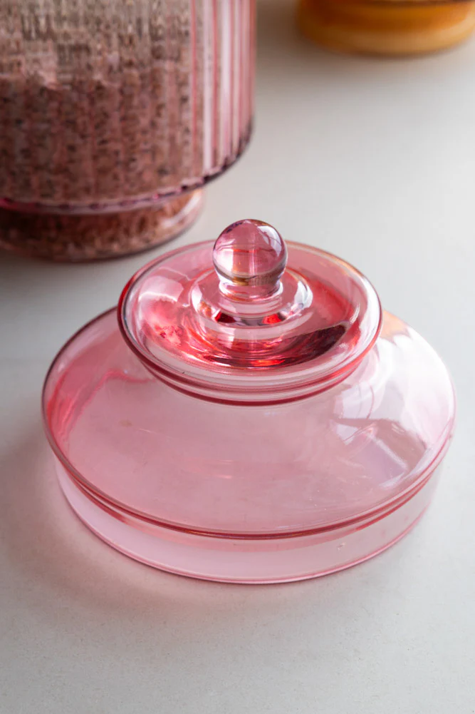 Elegant Ribbed Glass Storage Jar in Pink - Image 3