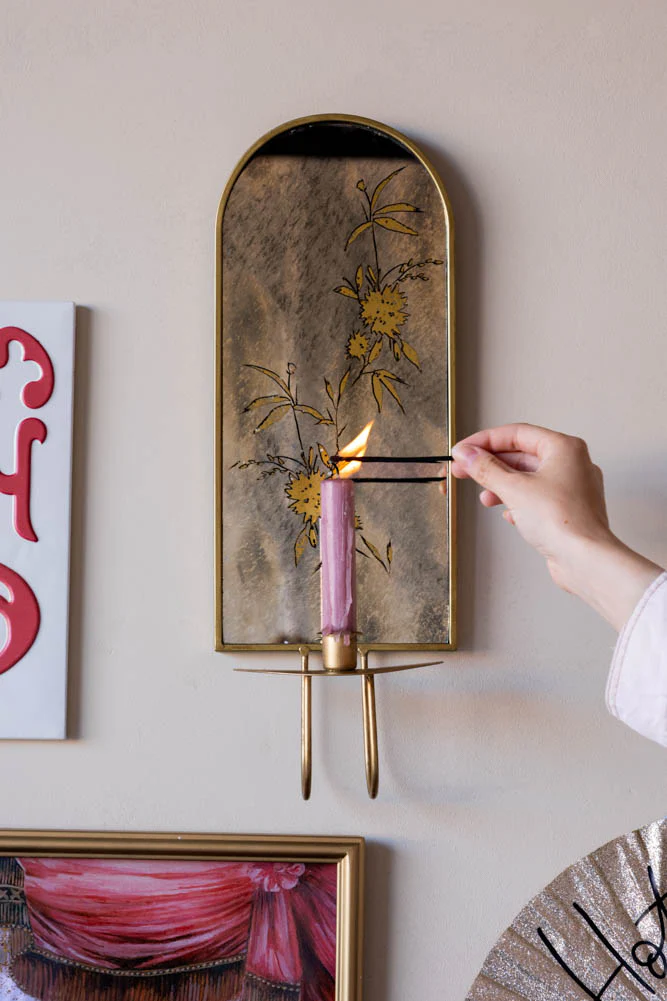 Gold & Foxed Mirror Floral Candle Wall Sconce - Image 2