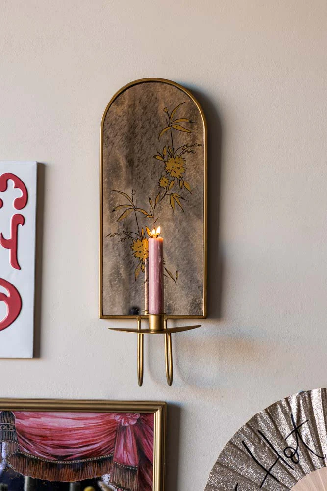 Gold & Foxed Mirror Floral Candle Wall Sconce - Image 4