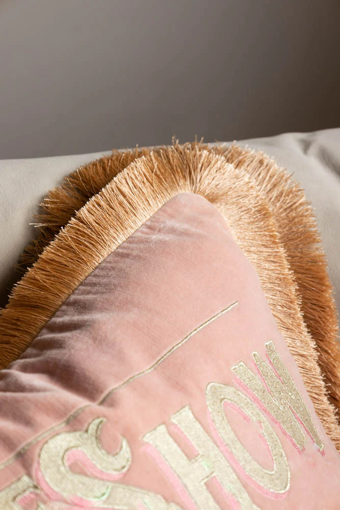 Pink Velvet Double-Fringed Show Must Go On Embroidered Cushion - Image 4