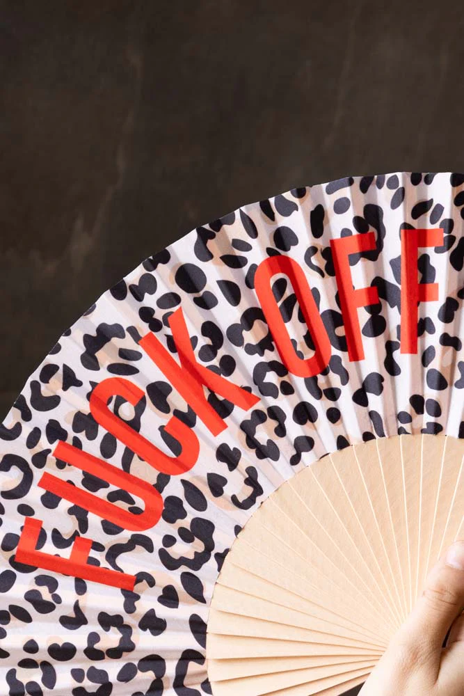 Leopard Print 'Fuck Off' Wooden Hand Held Fan - Image 2