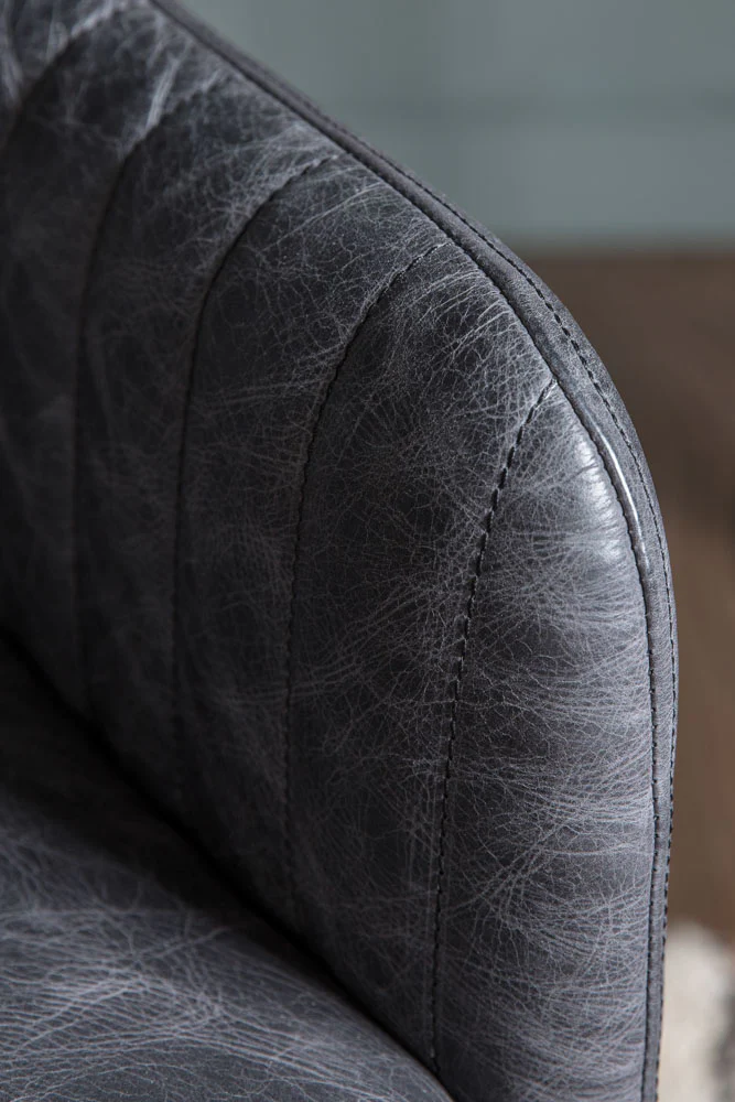 Ribbed Antique-Style Black Leather Swivel Chair - Image 2