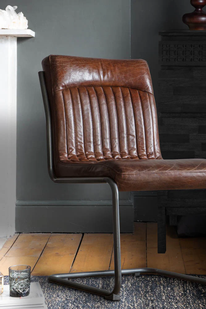 Ribbed Antique-Style Brown Leather Chair - Image 5