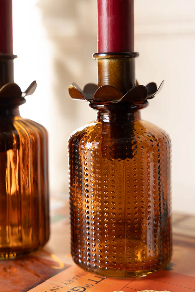 Set of 2 Embossed Glass Bottles in Amber - Image 8