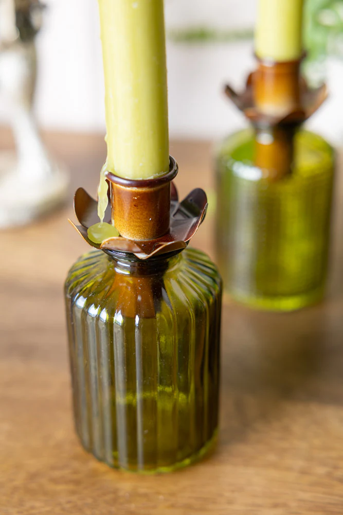 Set of 2 Embossed Glass Bottles in Green - Image 5